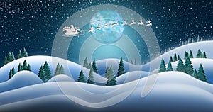 Santa Clause and Reindeers Sleighing Through Christmas Night Over the Snow Fields