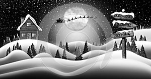 Santa Clause and Reindeers Sleighing Through Christmas Night Over the Snow Fields 3D Rendering