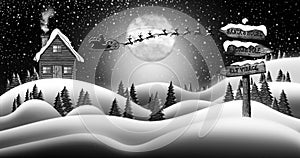 Santa Clause and Reindeers Sleighing Through Christmas Night 3D Rendering