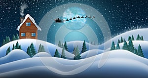 Santa Clause and Reindeers Sleighing Through Christmas Night Over the Snow Fields and Santas House