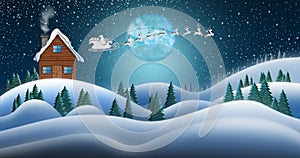 Santa Clause and Reindeers Sleighing Through Christmas Night Over the Snow Fields and Santas House