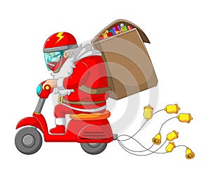 The Santa clause riding his scooter and bringing the big bag of gift for Christmas