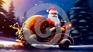 Santa clause riding red car with sack of presents on it. Generative AI