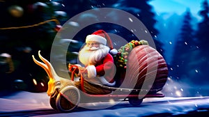 Santa clause riding on sleigh with sack of presents. Generative AI
