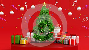 Santa clause snowman and Christmas tree gifts box, Happy New year and Merry Christmas greeting card, 3D rendering