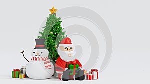 Santa clause snowman and Christmas tree gifts box, Happy New year and Merry Christmas greeting card, 3D rendering