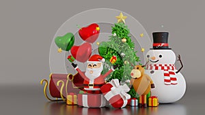 Santa clause snowman and Christmas tree gifts box, Happy New year and Merry Christmas greeting card, 3D rendering