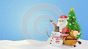 Santa clause snowman and Christmas tree gifts box, Happy New year and Merry Christmas greeting card, 3D rendering