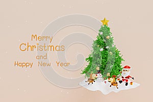 Santa clause snowman and Christmas tree gifts box, Happy New year and Merry Christmas greeting card, 3D rendering