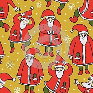 Santa Clauses and snowflakes abstract seamless pattern