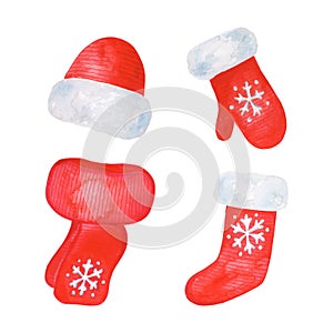 Santa clothes Christmas collection isolated on white background, hand painted red gloves hat socks and scarf in watercolor