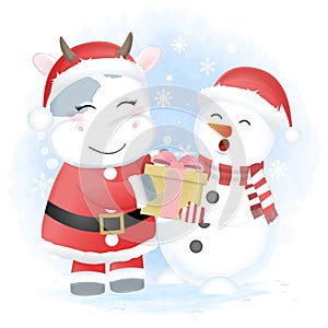 Santa Cow and Snowman holding gift box