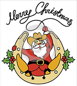 Santa cowboy christmas . Vector Santa with cowboy boots and western hat sit on horseshoe decorated holly berry
