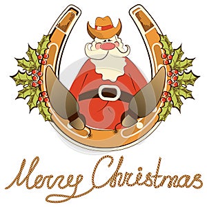 Santa in cowboy shoes sit on lucky horseshoe.