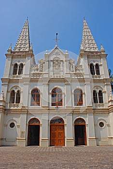 Santa Cruz Cathedral Basilica church building front facade at Fort Kochi, Kerala, India