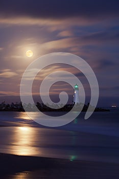 Santa Cruz harbor lighthouse by night