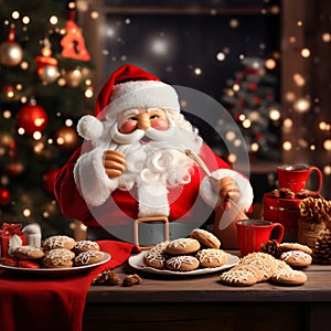 Santa cute 3D cartoon with cookies and background of Christmas atmosphere