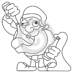 Santa Dancing and Drinking Vector Cartoon - Drunk Claus holding a champagne bottle.