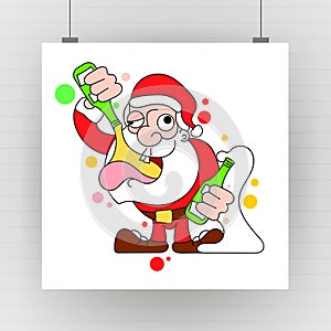 Santa Dancing and Drinking Vector Cartoon - Drunk Claus holding a champagne bottle.
