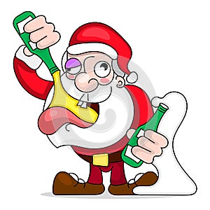 Santa Dancing and Drinking Vector Cartoon - Drunk Claus holding a champagne bottle.