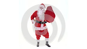 Santa is dancing holds presents sack and rings bell. Crazy funny Santa Claus is holding gifts bag, ringing bell on white