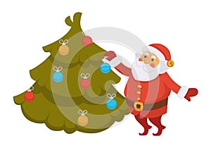 Santa decorating Christmas tree New Year decorations cartoon character vector icon