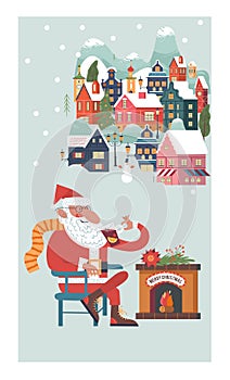 Santa drinks mulled wine by the fireplace. Vector holiday illustration. The cozy town is covered with snow.