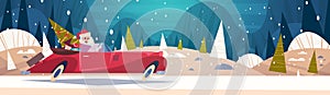 Santa Driving Retro Car With Green Tree And Presents In Winter Forest Merry Christmas And Happy New Year Poster