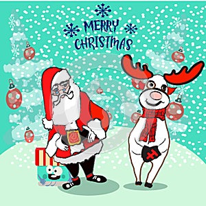 Santa drops gifts. Christmas greeting card background poster. Vector illustration.