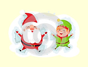 Santa and Elf Cartoon Character Having Fun in Snow