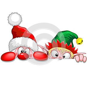 Santa and Elf Cute and funny Christmas Cartoon Characters peeking from behind a panel vector illustration isolated on white photo