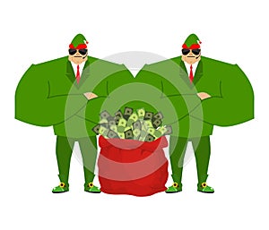 Santa elf and red bag full money. Claus bodyguards.