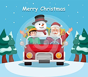 Santa with elf and snowman riding car with gift box deliver to children in christmas season illustration vector