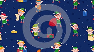 Santa elves print. Christmas elf, cute cartoon holiday kids with gift and snowball. New year and xmas characters