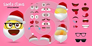 Santa emoji christmas creator vector set. Santa claus smileys character editable kit of face, eyes and mouth in different facial.