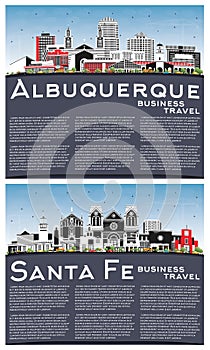 Santa Fe and Albuquerque New Mexico City Skylines Set with Color Buildings, Blue Sky and Copy Space