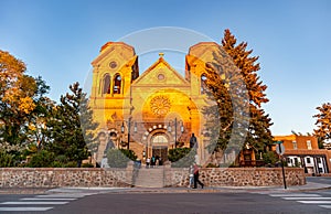 Santa Fe city center at dusk, Cathedral church St. Francis of Assisi New Mexico USA