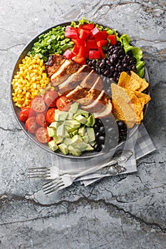 Santa Fe salad combines lettuce, tomatoes, corn, black beans, pepper, avocado, olive and chicken closeup on the plate. Vertical