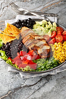 Santa Fe salad combines lettuce, tomatoes, corn, black beans, pepper, avocado, olive and chicken closeup on the plate. Vertical