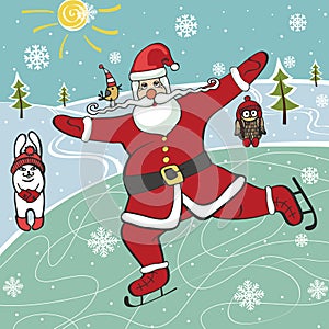 Santa figure skating.Humorous illustrations.