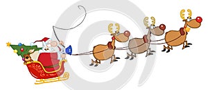 Santa in flight with his reindeer and sleigh
