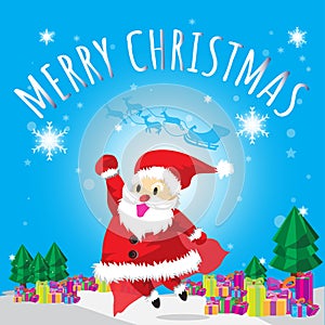 Santa Fly and Merry Christmas Blues Background Tree and Gift Cartoon
