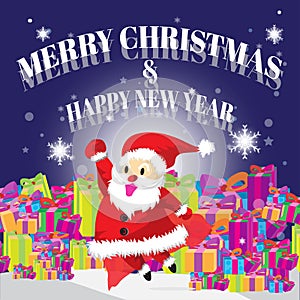 Santa Fly and Merry Christmas Dark Blues Background Best Gift Cartoon
