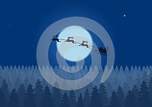 Santa flying through the night sky under the christmas forest. Santa sleigh driving over woods near big moon in night.