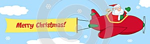 Santa Flying In The Sky With Christmas Plane And A Blank Banner Attached With Text