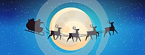 Santa flying in sledge with reindeers in night sky over moon new year merry christmas banner winter holidays