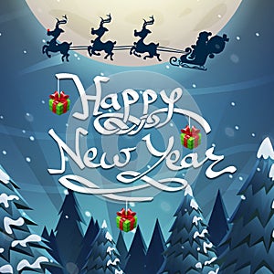 Santa flying in a sleigh with reindeer on a moon background. Merry Christmas and Happy New Year.