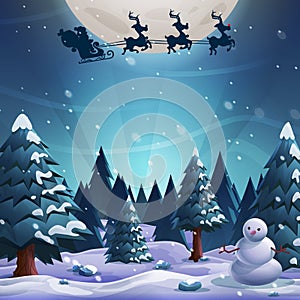 Santa flying in a sleigh with reindeer on a moon background. Merry Christmas and Happy New Year.