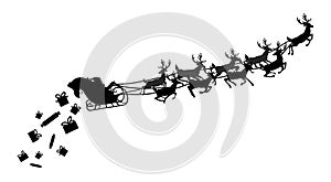 Santa flying in a sleigh with reindeer. Vector illustration. Isolated object. Black silhouette. Christmas.