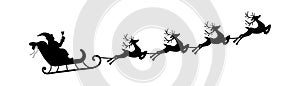 Santa flying in a sleigh with reindeer. Vector illustration. Isolated object. Black silhouette. Christmas. New Year.